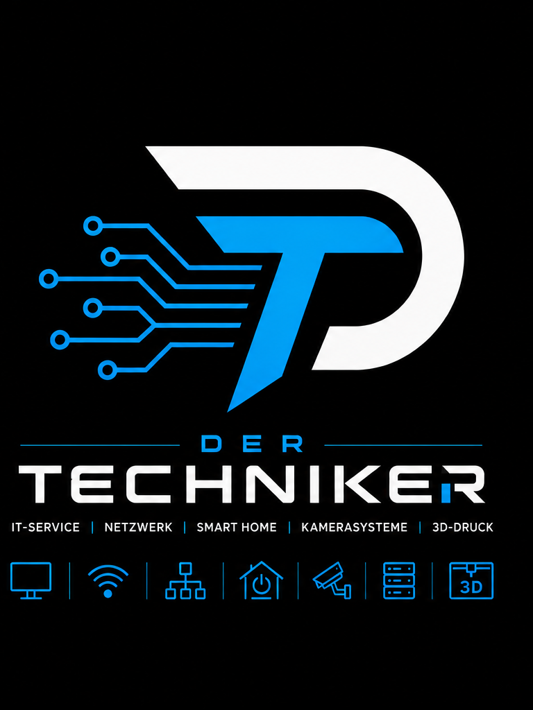 Originales Der-Techniker-Logo mit den Bereichen IT-Service, Netzwerk, Smart Home, Kamerasysteme und 3D-Druck