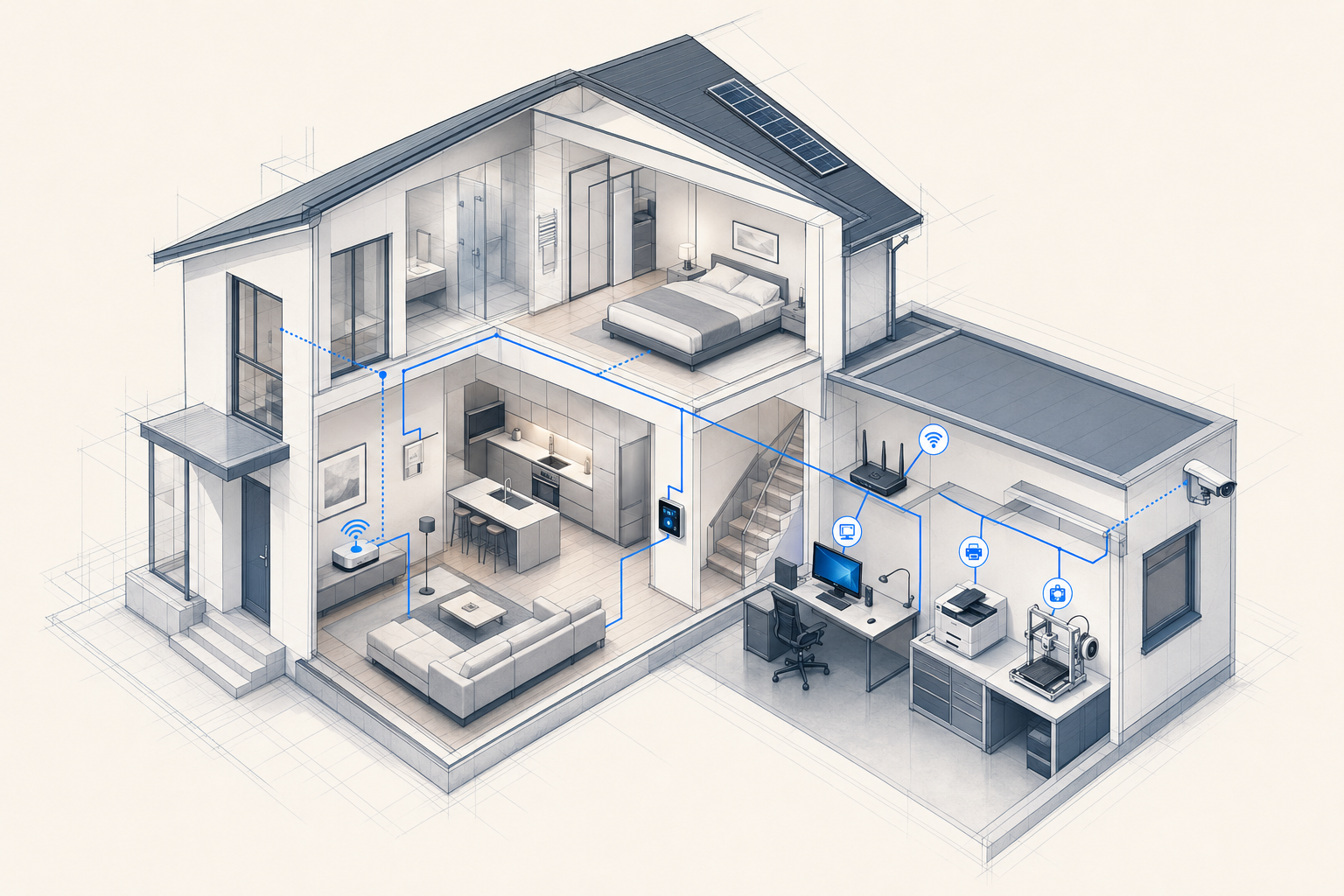 Vernetztes Zuhause und kleines Büro mit WLAN, Smart Home, Kamerasystem und 3D-Druck